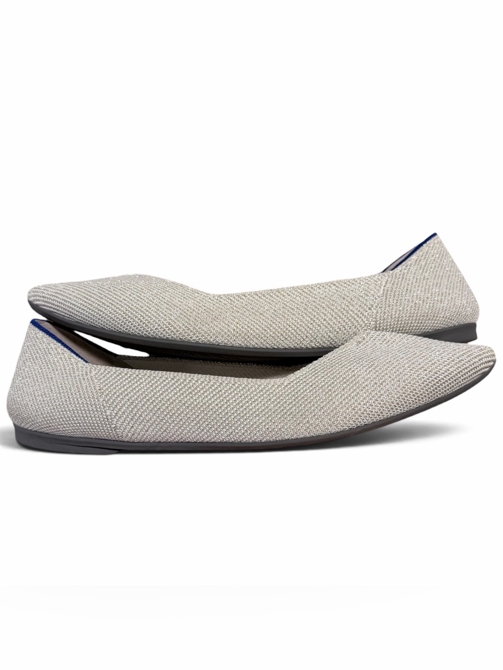 Rothy's Women's Pointed Knit Flats in Light Gray Metallic with Blue Trim